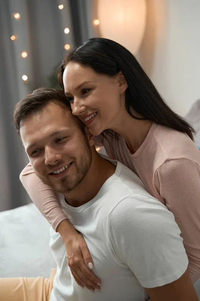 Young Charming Guy Women Gently Hugging Posing Romantic Photo Shoot — Stockfoto