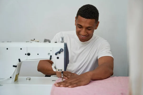 Cheerful African American Male Tailor Using Machine Dress Making Working —  Fotos de Stock