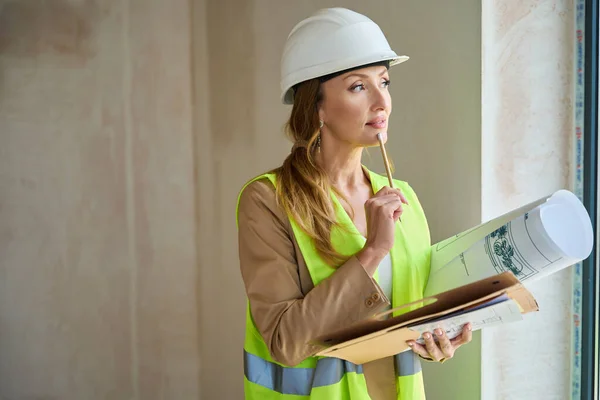 Thoughtful Woman Realtor Holds Pencil Her Face Her Hands She — 图库照片