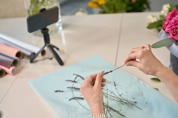 Close Female Hands Holding Sprig Lavender Florist Recording Online Master — Stockfoto
