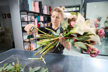Focused florist holds chic bouquet in her hand and cuts edges of stems of flowers. Woman working in flower shop