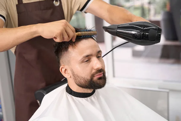 Bearded Man Looking Relaxed While Having His Hair Brushed Blow — Stock Photo, Image