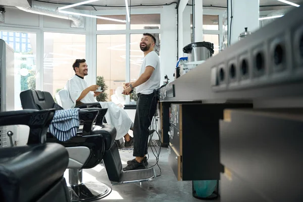 Copy Space Photo Amicable Barbershop Worker Laughing While Making Client — Stock Photo, Image