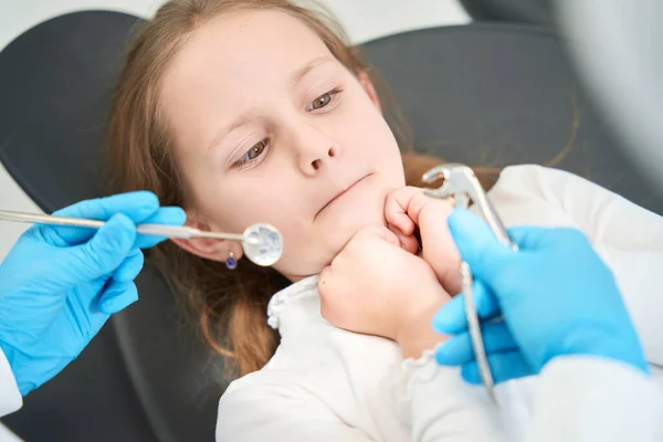 Scared Child Closed Mouth Looking Dental Mirror Tweezers Doctor Hands — Stock Photo, Image