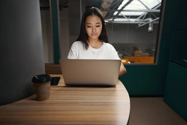 Front View Porträtt Vackra Koncentrerad Kvinnlig Entreprenör Arbetar Laptop Samtidigt — Stockfoto