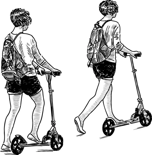Chica con scooter — Vector de stock