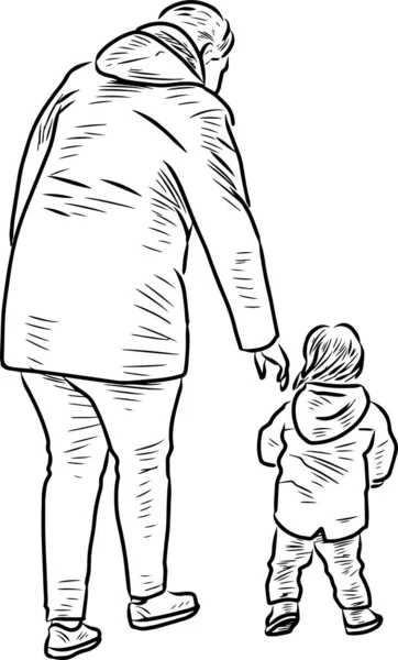 Dessin Contour Mère Avec Son Bébé Marchant Pour Une Promenade — Image vectorielle