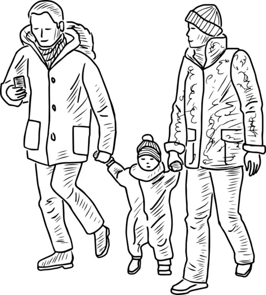 Desenho Contorno Cidadãos Família Com Bebê Andando Livre Juntos — Vetor de Stock