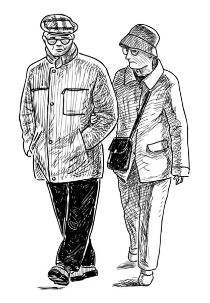 一緒に屋外を歩く高齢者の配偶者のスケッチ — ストックベクタ
