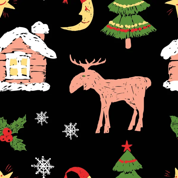 Seamless Background Drawn Cartoon Christmas Symbols Fir Tree Elk Holly — Stock Vector