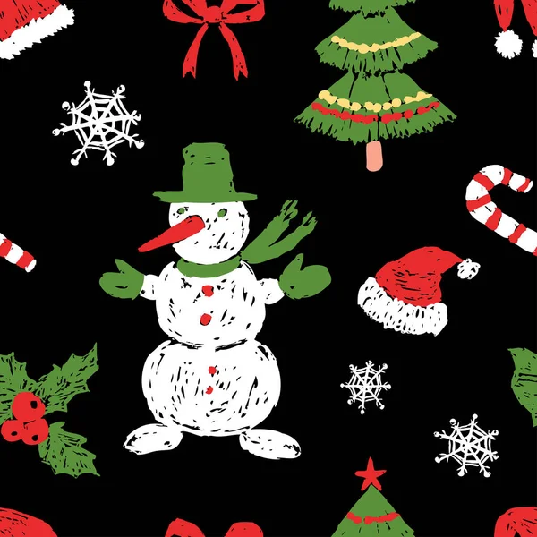 Seamless Pattern Drawn Cartoon Christmas Symbols Snowman Fir Tree Santa — Stock Vector