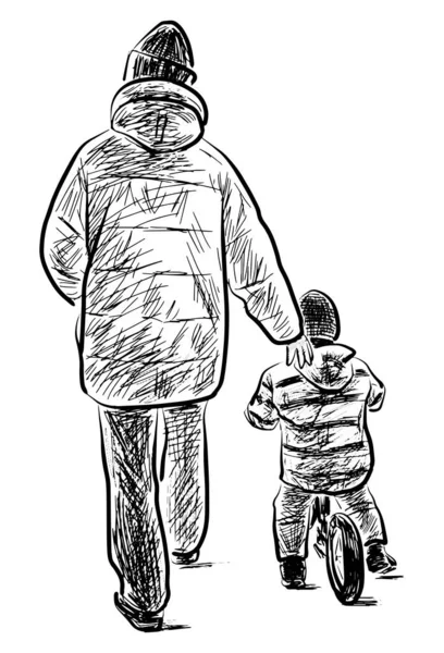Küçük Çocuklu Bir Babanın Çizimi Dışarıda Birlikte Yürüyoruz — Stok Vektör