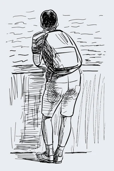 学生男孩站在河堤上休息的素描 — 图库矢量图片