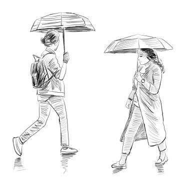 Sketch of two casual townswomen under umbrellas walking outdoors in the rain