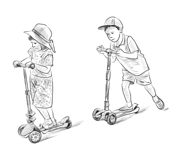 Hand Drawing Little Girl Boy Riding Scooter Outdoors Summer Day — Stockfoto