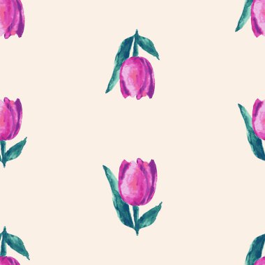 Seamless background of watercolor drawings pink tulips with green leaves