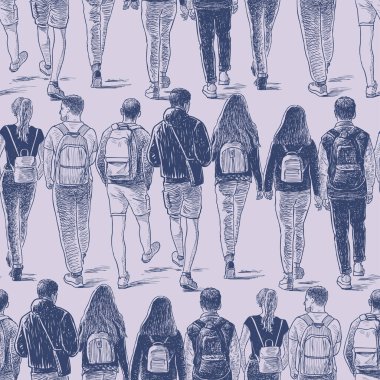 Seamless pattern of sketches crowd students friends walking outdoors