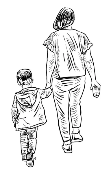 Outline Drawing Mother Little Son Walking Summer Day — Archivo Imágenes Vectoriales