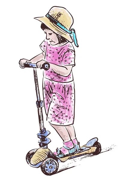 Hand Drawing Little Girl Riding Scooter Outdoors Summer Day — Vetor de Stock