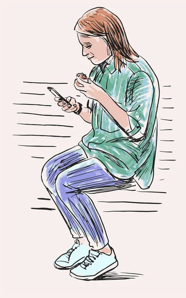 Freehand Drawing Teen Girl Sitting Park Bench Looking Smartphones Summer — 스톡 벡터