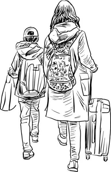 Sketch Mother Her Son Going Vacation Suitcase — Stockvektor