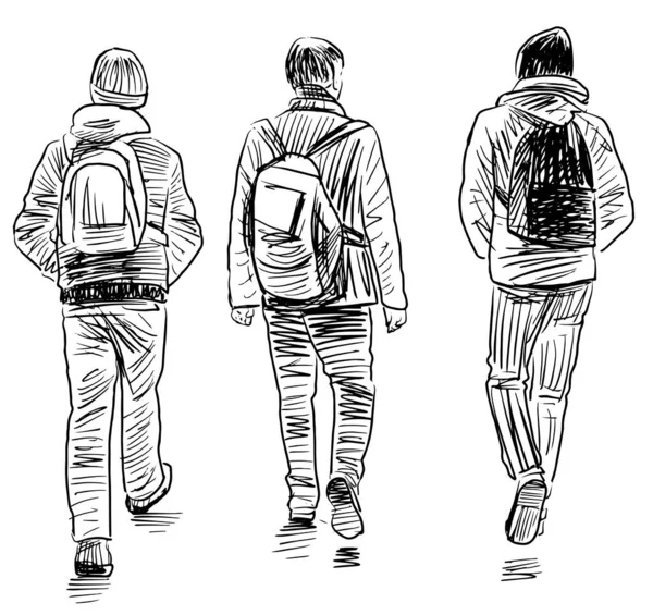 Sketch Three Teens Students Walking Together Outdoors — Stock vektor