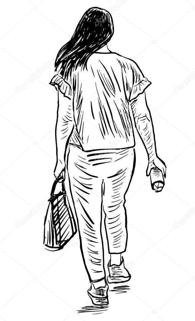 Sketch of young woman with handbag and water bottle waling outdoor on summer day