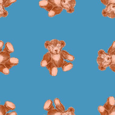 Suluboya fırça çizimlerinden kusursuz desenler. Eski yumuşak oyuncaklar, kırmızı sevimli oyuncak ayılar.