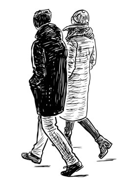 Kış günü birlikte dışarı çıkan sıradan genç kasaba insanlarının çizimi.