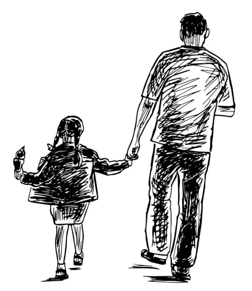 夏の日に散歩のために歩く彼の小さな娘と父親の輪郭のドアの絵 — ストックベクタ