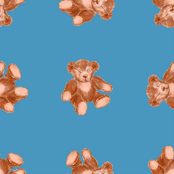 Suluboya fırça çizimlerinden kusursuz desenler. Eski yumuşak oyuncaklar, kırmızı sevimli oyuncak ayılar.