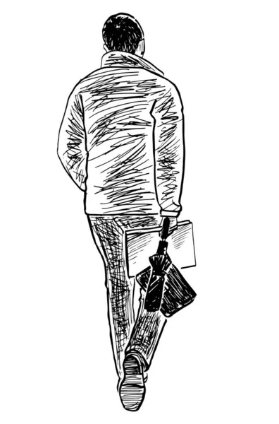 Şemsiyeli Dosyasıyla Dışarıda Yalnız Yürüyen Sıradan Genç Adamının Çizimi — Stok Vektör
