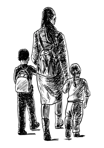 小さな子供が散歩のために歩いている母親の手描き — ストックベクタ