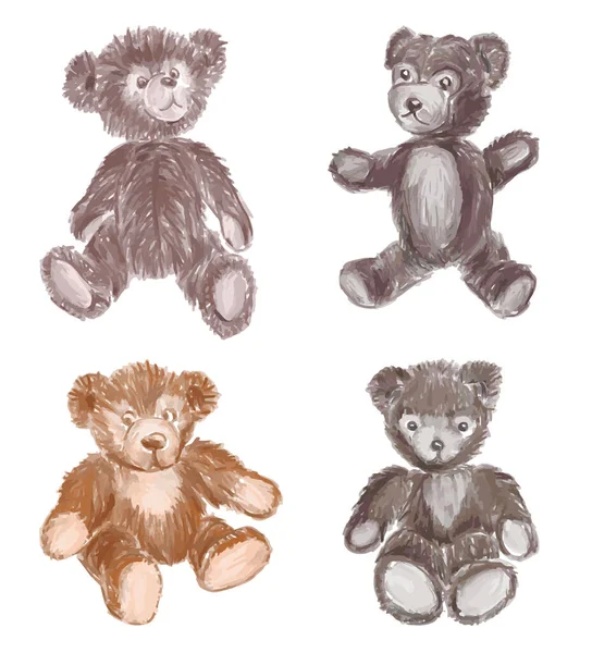 Watercolor Brush Drawings Set Old Stuffed Toys Teddy Bears — Stock Vector