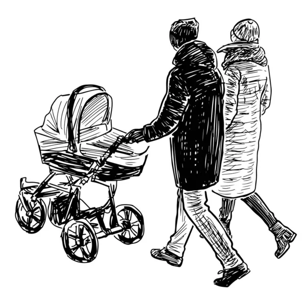 Schets Van Jonge Familie Casual Dorpelingen Met Kinderwagen Wandelen Buiten — Stockvector