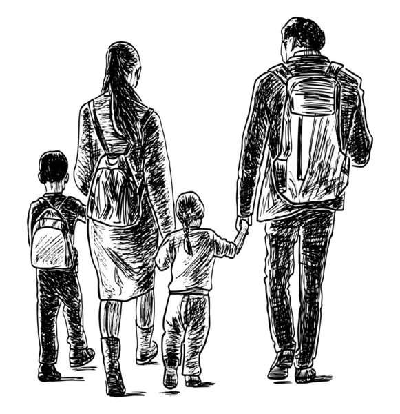Disegno Mano Strutturato Silhouette Famiglia Cittadini Che Camminano Insieme All — Vettoriale Stock