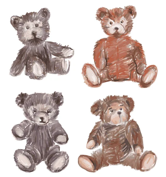 Pincel Aquarela Desenhos Vários Brinquedos Recheados Velhos Ursinhos Pelúcia — Vetor de Stock