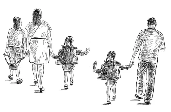 Outline Doodle Drawing Family Citizens Walking Outdoors Together Summer Day — Stock Photo, Image