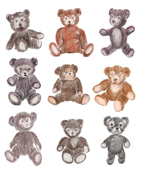 Watercolor Brush Drawings Various Old Stuffed Toys Teddy Bears — Stock Photo, Image