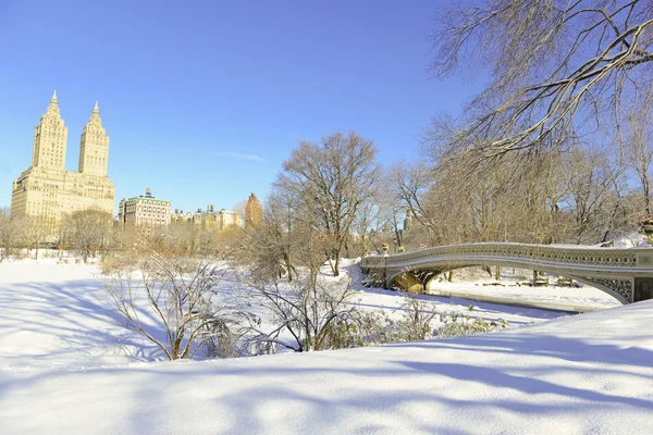 Central Park y el puente de proa en la nieve, Manhattan Nueva York —  Fotos de Stock