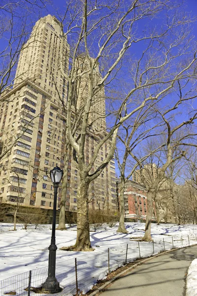 Schnee im Central Park und Manhattan Skyline, New York City — Stockfoto