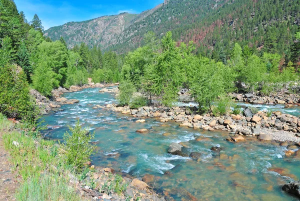 "ein Fluss durchfließt ihn "- unberührtes Fliegenfischerwasser in den Bergen — Stockfoto