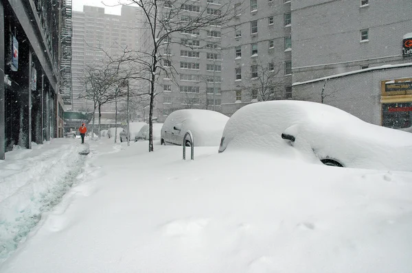 Manhattan in de sneeuw: central park tijdens een sneeuwstorm winter, new york city — Stockfoto