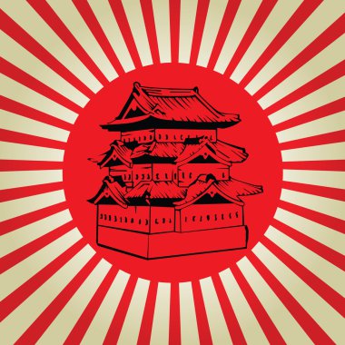 Japonya Osaka Kalesi üzerinde güneş bayrak vektör