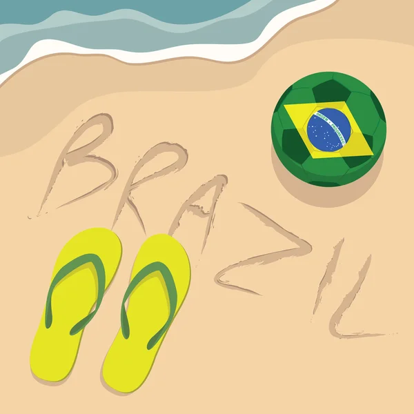 Brazilië strand met voetbal en slippers vector — Stockvector