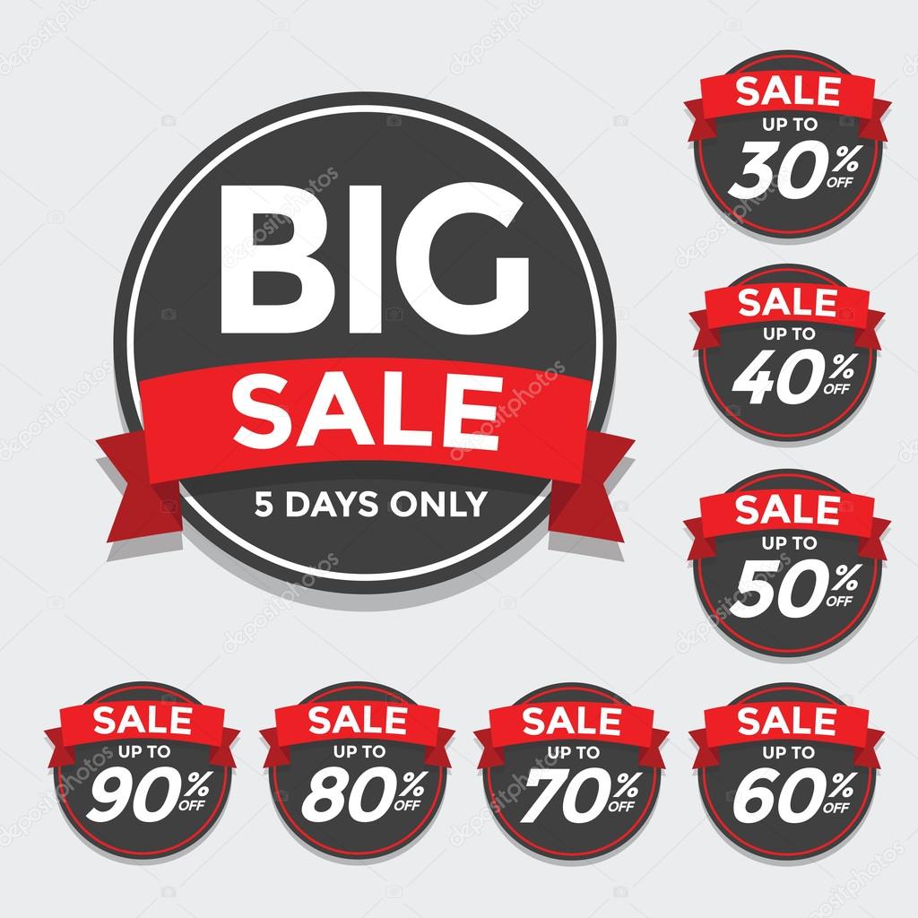 Big Sale tags with Sale up to 30 - 90 percent text on