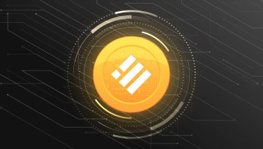 Binance USD (BUSD) şifreli para birimi temalı pankart. Modern siyah arkaplanda Binance USD para veya BUSD simgesi.