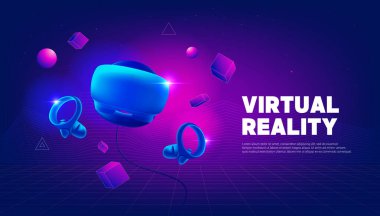 Sanal gerçeklik kulaklığı ve oyun kontrol cihazları. Video kaskı. Metaverse teknolojisi pankart şablonu.