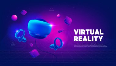 Virtual reality headset and controllers for gaming. VR helmet. Metaverse technology banner template. clipart