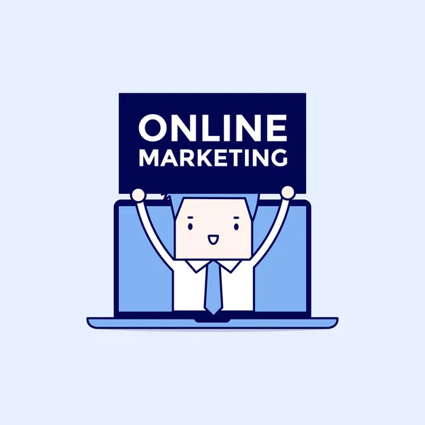 Empresário Segurando Online Marketing Assinar Computador Notebook Personagem Desenhos Animados — Vetor de Stock